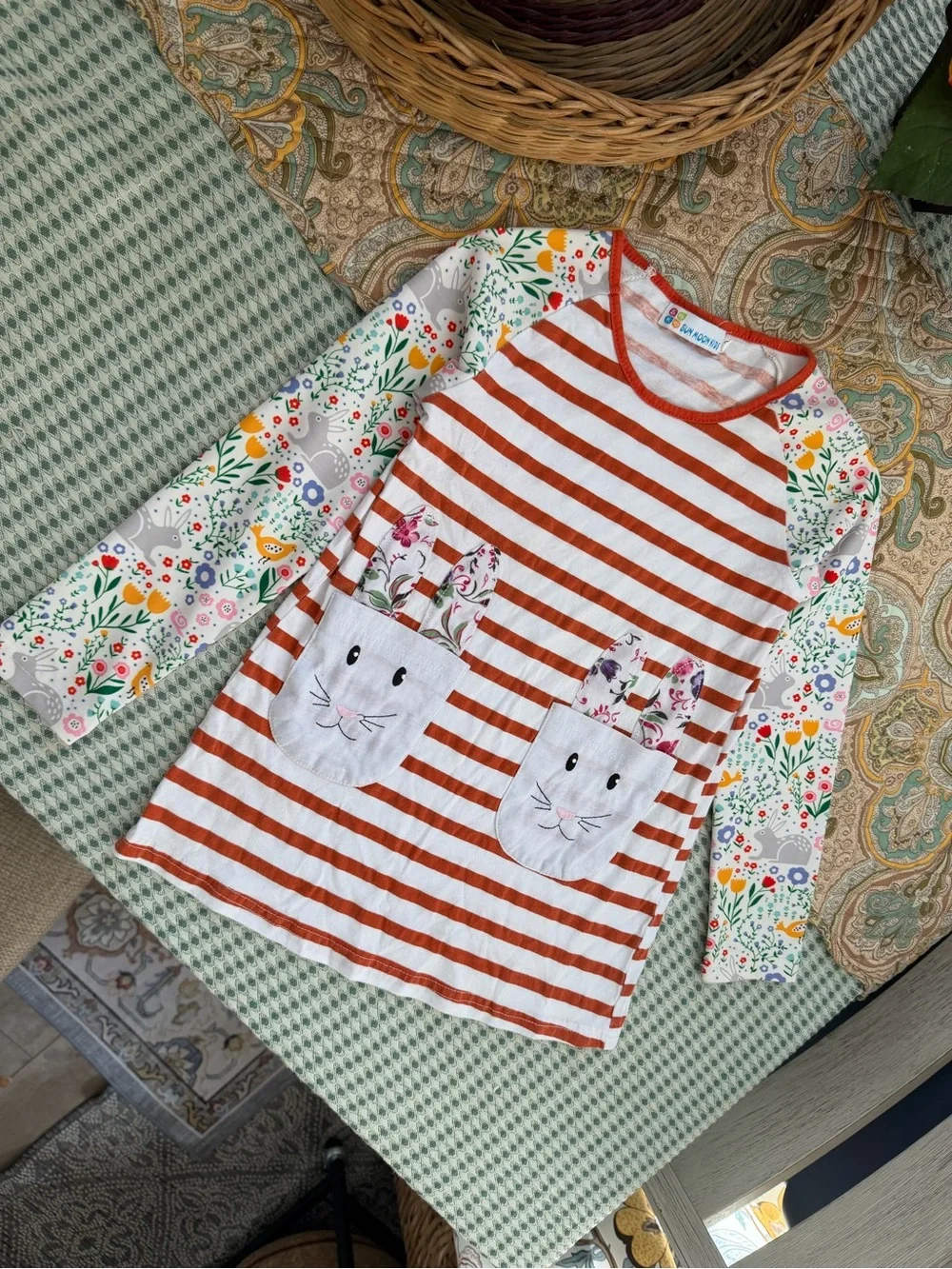 Sun Moon Kids Boutique Toddler Girl Mixed Media Long Sleeve Dress Bunnies Floral